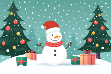 Snowman in snow field with christmas trees