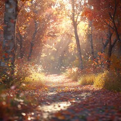Morning in an Autumn Forest Path with Colorful Leaves and Golden Sunlight