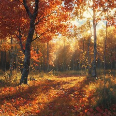 Morning in an Autumn Forest Path with Colorful Leaves and Golden Sunlight