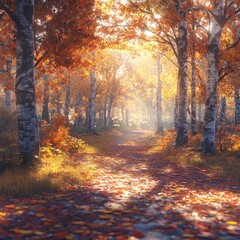 Morning in an Autumn Forest Path with Colorful Leaves and Golden Sunlight