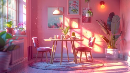 Pink Room with a Table and Chairs