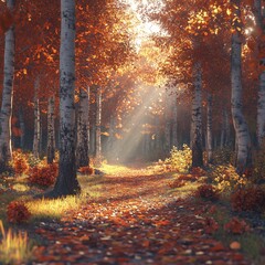 Morning in an Autumn Forest Path with Colorful Leaves and Golden Sunlight