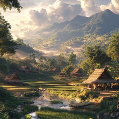 A peaceful lake surrounded by mountains with a charming village and lush autumn trees