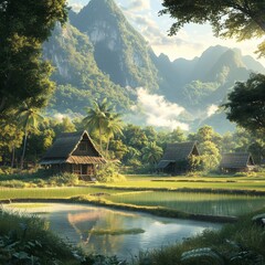 A peaceful lake surrounded by mountains with a charming village and lush autumn trees