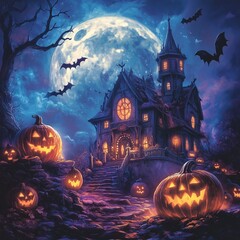 Halloween night scene with pumpkins bats and spooky silhouettes