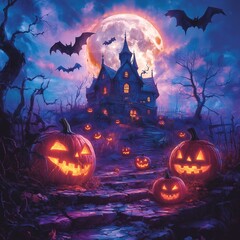 Halloween night scene with pumpkins bats and spooky silhouettes