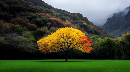 Obraz premium A vibrant photo of colorful trees in an autumn forest, creating a natural, relaxing effect. Ultra-Realistic, Photo Realistic, highly detailed, 