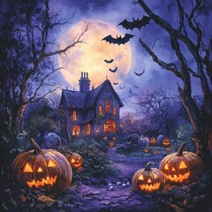 Halloween night scene with pumpkins bats and spooky silhouettes