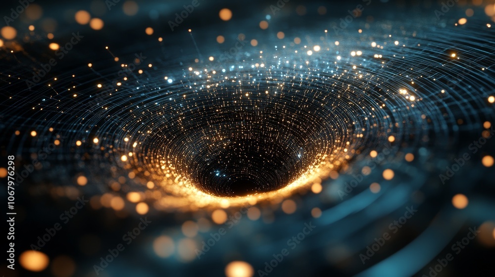 Poster a simulation of a micro black hole interacting with surrounding particles, illustrating quantum grav