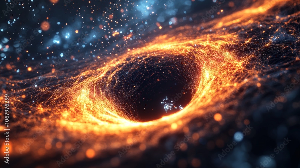 Poster a simulation of a micro black hole interacting with surrounding particles, illustrating quantum grav