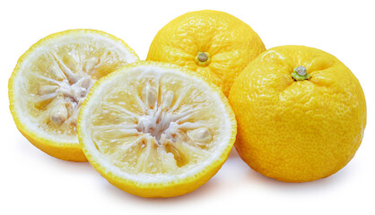 Sweet Yuzu Orange fruit in wooden basket isolated on white background, Kochi Yellow Yuzu isolated on white background With work path.