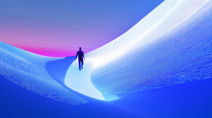 3D businessman silhouette climb stairs mountain with glowing digital charts and purple blue pink background. cyberpunk sci-fi futuristic neon lights binary code screen firewall finance technology use