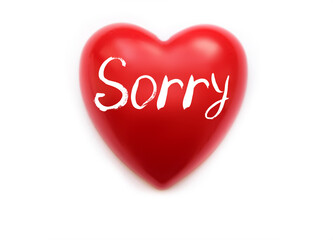 Sorry text on red heart, white background. Handwritten font.