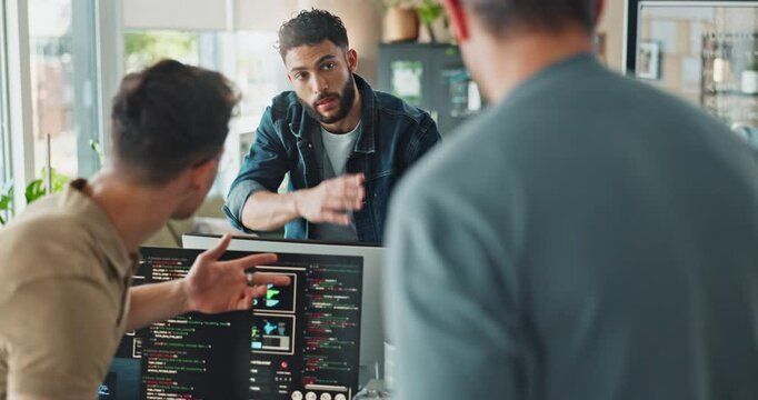 Coding, computer screen and discussion with business people in office together from back. Collaboration, conversation and programming with developer team reading machine language in workplace