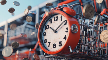 vibrant red alarm clock sits in shopping cart surrounded by falling coins, symbolizing urgency of time and money in shopping
