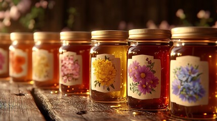 Multiple small honey jars arranged in a row, each with a floral label and unique color of honey, golden reflections under soft light, rustic wooden surface for a cozy feel, hd realism. --ar 16:9