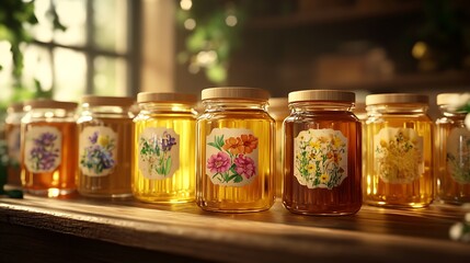 Multiple small honey jars arranged in a row, each with a floral label and unique color of honey, golden reflections under soft light, rustic wooden surface for a cozy feel, hd realism. --ar 16:9