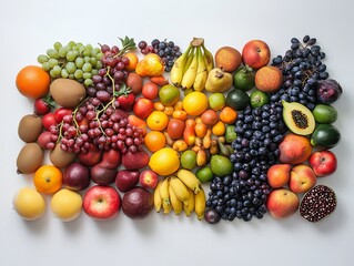 A variety of fruits spread out in a balanced arrangement, showcasing their different shapes and colors