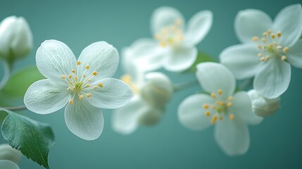 White flowers on a light green background, offering a wedding or spring greeting card template with copy space.