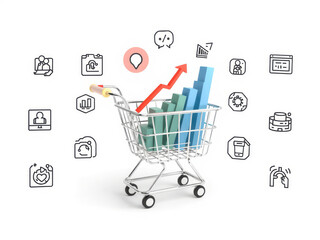 E commerce growth chart in shopping cart with icons representing analytics