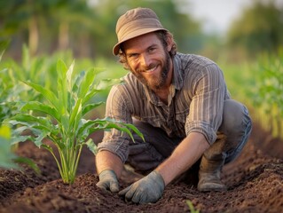 Sustainable Agriculture Smiling Engineer Planting Sugar Alternatives for Earth Day and Arbor Day