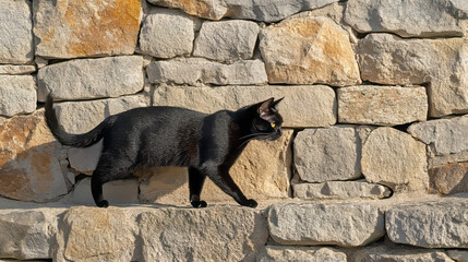 Obraz premium black cat on a stone wall in natural sunlight