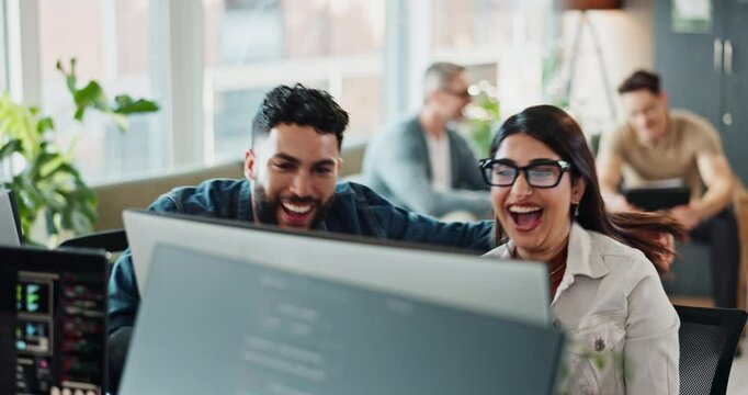 People, high five and computer with coding success for software development, website update and feedback. Team, celebration and programming achievement, IT promotion and project winner with solution
