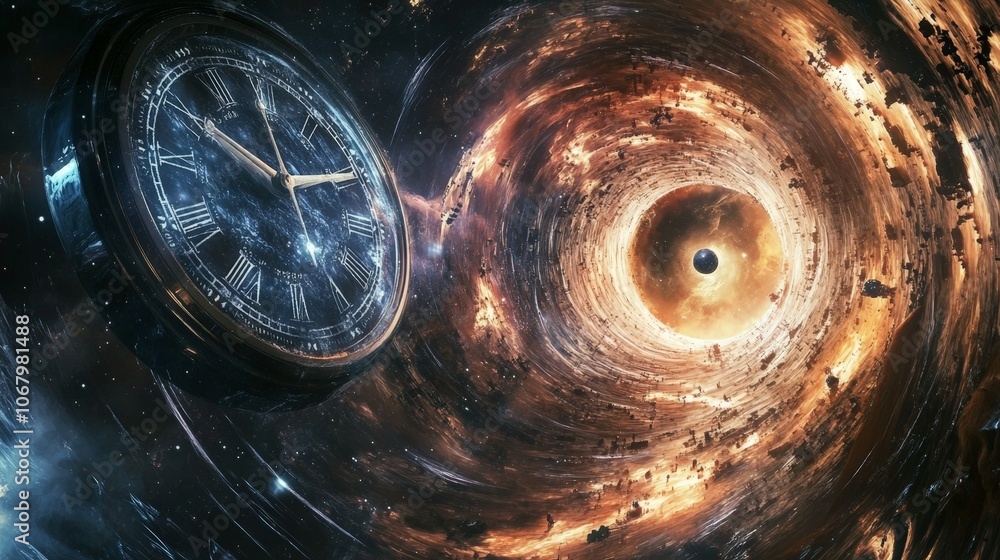 Poster a visualization of time dilation experienced by an astronaut orbiting a supermassive black hole, wit