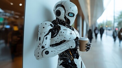 Fototapeta premium A humanoid robot leans against a wall, holding a cup of coffee in its hand.