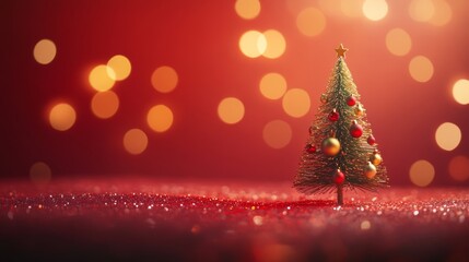 decorated mini christmas tree on red background