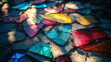Colorful Glass Shards on Concrete Surface