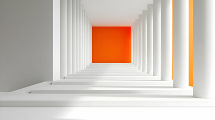 White Columns Leading to Orange Wall 3D Illustration