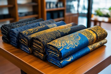 Beautifully patterned vintage scarves arranged on a table in a resale boutique