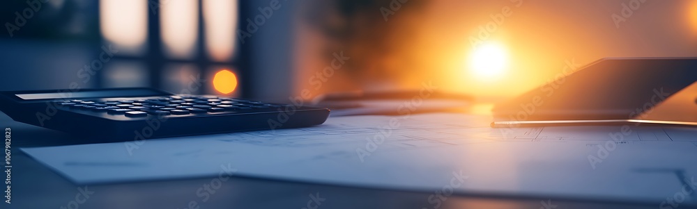 Poster a serene workspace at sunset, featuring a calculator, documents, and a laptop, creating an inspiring