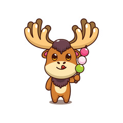 Moose eating dango. mascot cartoon character vector illustration.