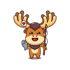 Moose catching fish with fishing rod. mascot cartoon character vector illustration.