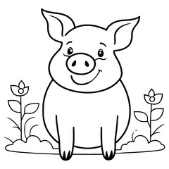Cute Pig with Flowers Line Drawing - Simple Farm Animal Illustration for Children's Coloring Books and Educational Activities