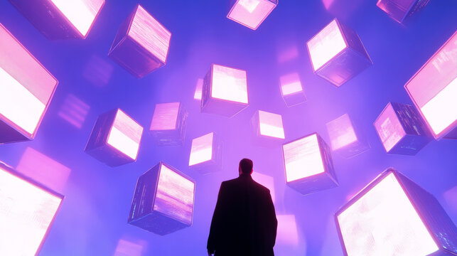 3D man silhouette standing surrounded by many floating virtual screens with digital charts and data flow blue purple background. cyberpunk sci-fi futuristic neon lights binary code screen firewal