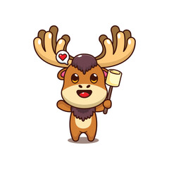 Moose eating marshmallow. mascot cartoon character vector illustration.