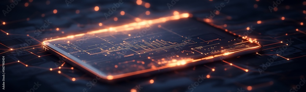 Poster A glowing electronic device surrounded by sparkling data points, symbolizing advanced technology and connectivity.