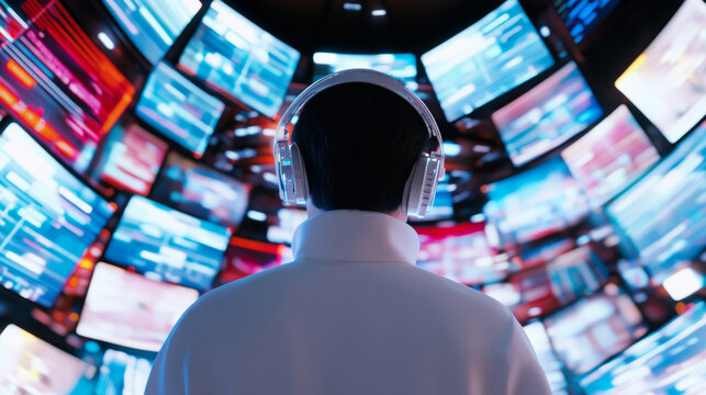 3D man silhouette standing surrounded by many floating virtual screens with digital charts and data flow blue pink purple background. cyberpunk sci-fi futuristic neon lights binary code screen firewal