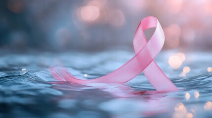 Pastel cancer ribbon floating over a water-inspired background with light waves, leaving open space at the center for personalized text
