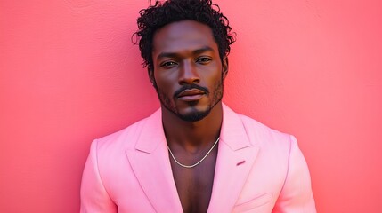 Obraz premium Fashion portrait of an African American man in a pink jacket against a fuchsia background, highlighting masculine confidence.