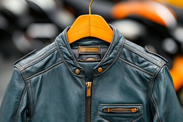 Hyper-realistic close-up of a vintage leather jacket on a hanger, capturing detailed textures and retro charm