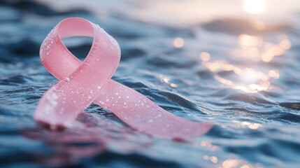 Pastel cancer ribbon floating over a water-inspired background with light waves, leaving open space at the center for personalized text