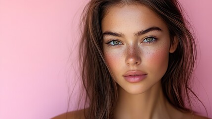 Obraz premium Fashionable woman with shiny, straight brown hair on a pink background, showcasing keratin treatments or beauty care products.