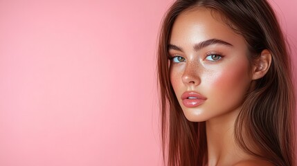 Fototapeta premium Fashionable woman with shiny, straight brown hair on a pink background, showcasing keratin treatments or beauty care products.