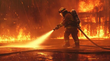Fototapeta premium Firefighter Battling Intense Structure Blaze at Night