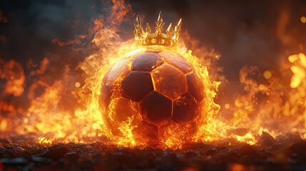 Fototapeta premium Flaming soccer ball with a golden crown, symbolizing epic goals and football victory, ideal for championship banners.