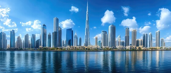 Modern city skyline with skyscrapers reflecting in the water on a bright sunny day.